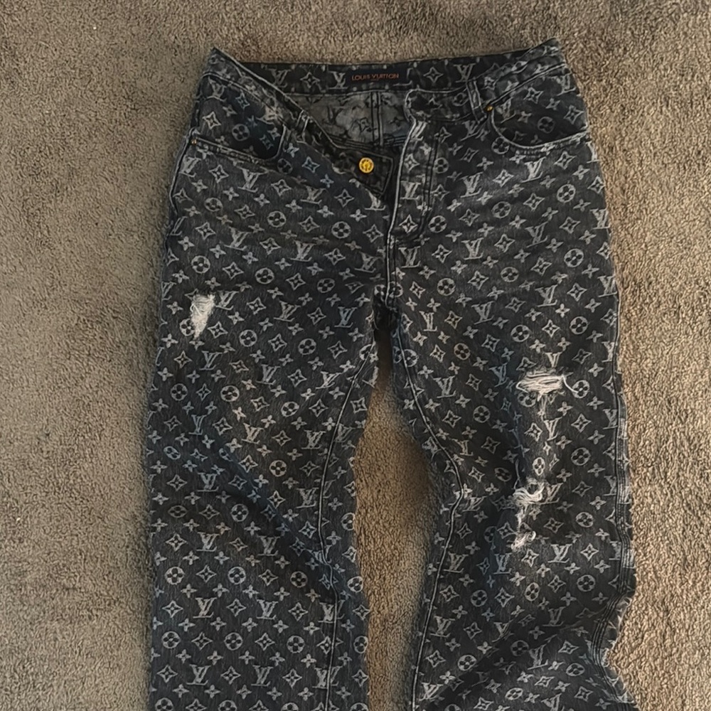Louis Vuitton washed black Monogram Distressed Jeans